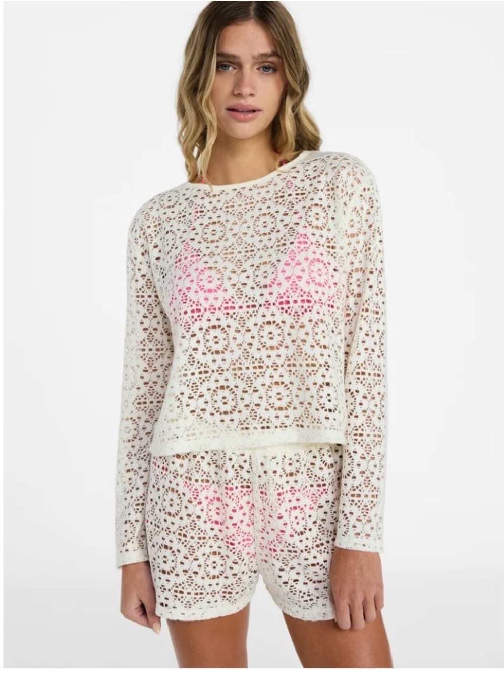 No Boundaries Crochet Coverup Top with Long Sleeves and Shorts Set